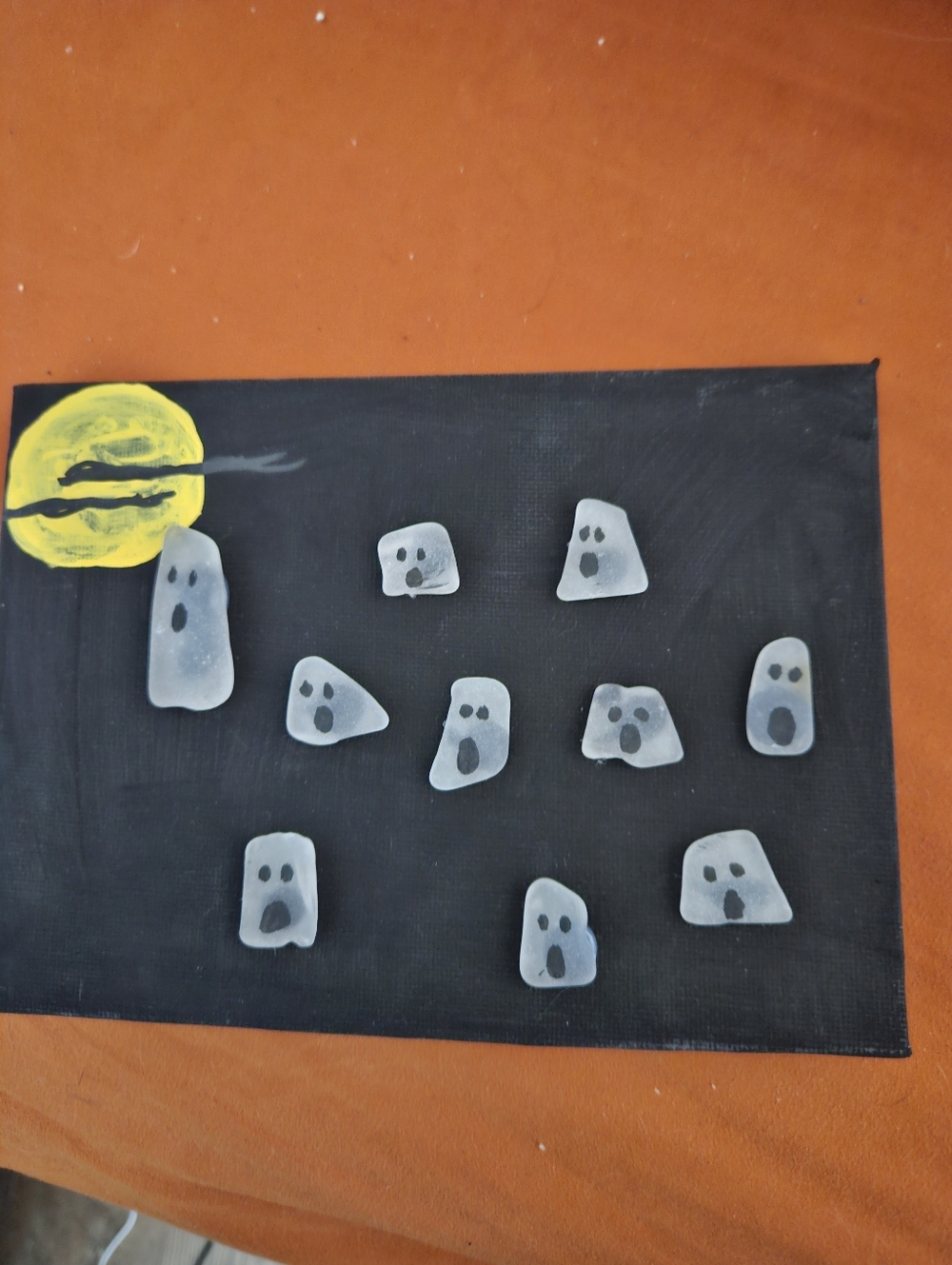 Handmade Ghost Sea Glass Canvas Art - Black & White with Yellow Moon